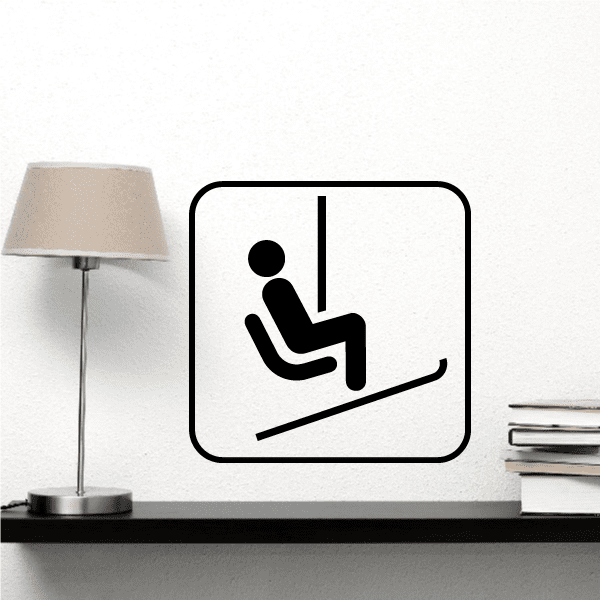 Ski lift sign decal with black seated skier icon and lift bar