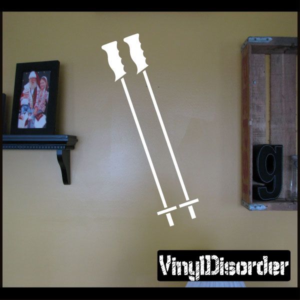 Ski pole decal with white ski poles silhouette and crossbar bindings