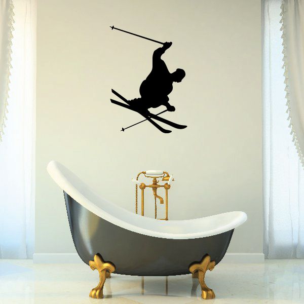 Skiing wall vinyl decal featuring a black skier silhouette