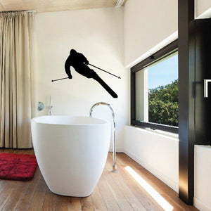 Skier wall decal vinyl showing black silhouette of skier with poles