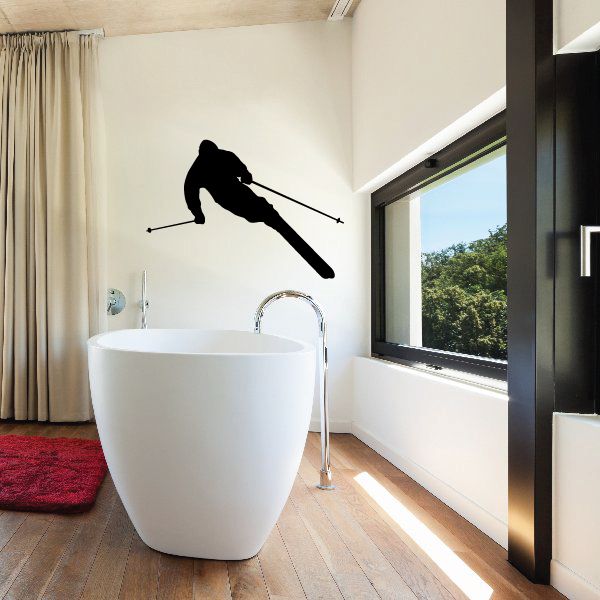 Skier wall decal vinyl showing black silhouette of skier with poles