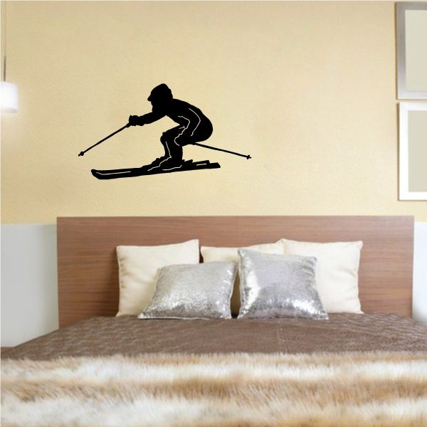 Skiing wall decal with black skier silhouette