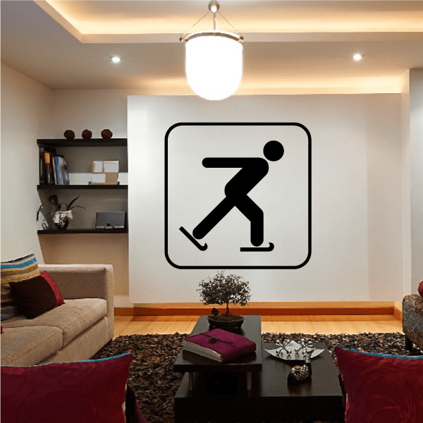 Skiing wall decal: black skier icon in rounded square