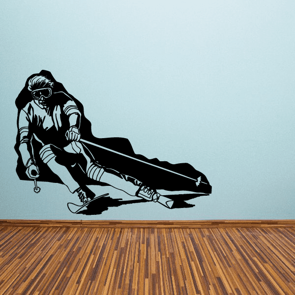 Skiing wall decal vinyl sticker of a skier in black silhouette, legs extended