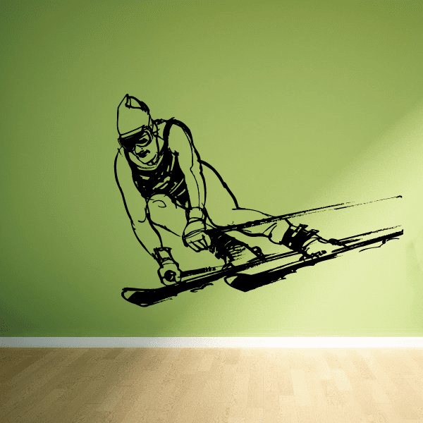 Skier skiing wall decal, black vinyl silhouette of a skier holding ski poles
