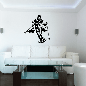 Skier wall decal vinyl sticker, black silhouette with skis and poles