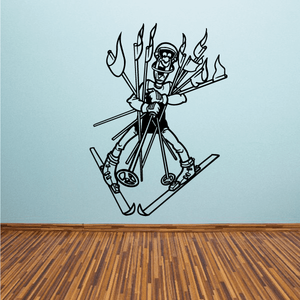 Skiing wall decal: black line art skier in helmet riding skis
