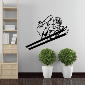 Black skiing wall decal of a skier on skis with helmet and poles