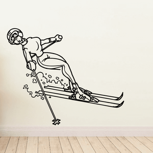 Skiing vinyl wall decal of skier with skis and poles, monochrome line art