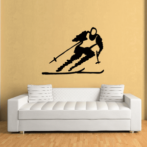 Skiing wall decal with black skier silhouette sliding on a slope