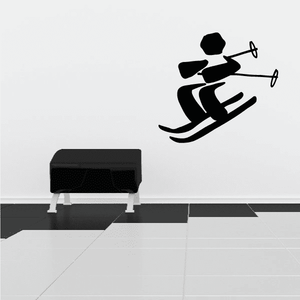 Skiing wall decal vinyl sticker with black skier silhouette and skis