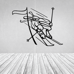 Skiing wall decal of a skier in action with skis and poles, black outline design