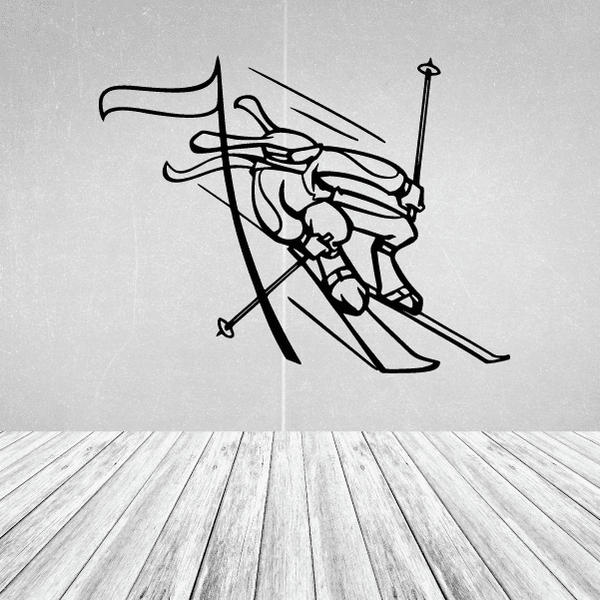 Skiing wall decal of a skier in action with skis and poles, black outline design