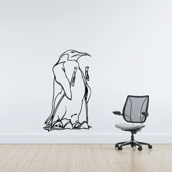 Skiing wall decal vinyl with black line-art skier and skis, removable sticker