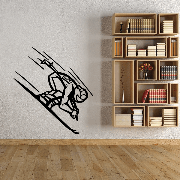 Skiing wall decal vinyl sticker, black outline figure with skis and poles