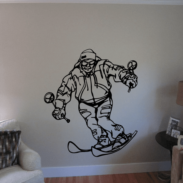 Skiing wall vinyl decal of an outlined skier in mid-action with poles and skis