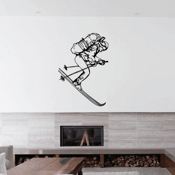 Skiing wall decal vinyl sticker, black outline skier mid-air with skis