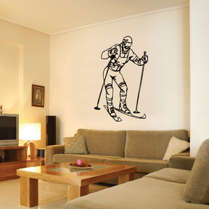 Skiing wall decal vinyl sticker, black line-art skier with poles and skis