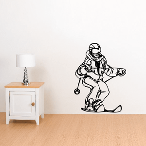 Skier wall vinyl decal, black outline skier holding poles