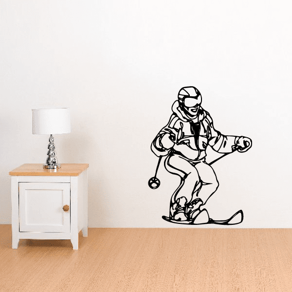 Skier wall vinyl decal, black outline skier holding poles