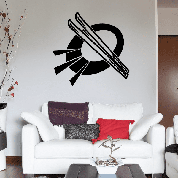 Skiing wall vinyl decal of crossed black skis over white circular mark