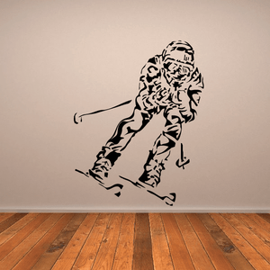 Skiing wall decal vinyl sticker of a black skier figure in mid-slide