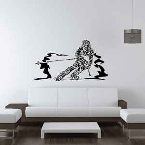 Ski wall decal, black vinyl skier mid-jump with ski poles.