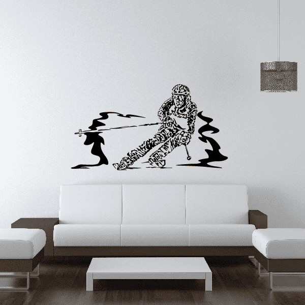 Ski wall decal, black vinyl skier mid-jump with ski poles.