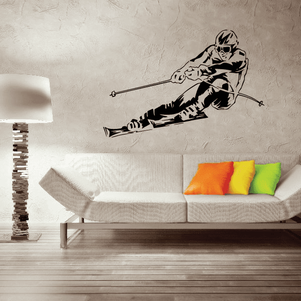 Skiing wall decal of black skier holding ski poles