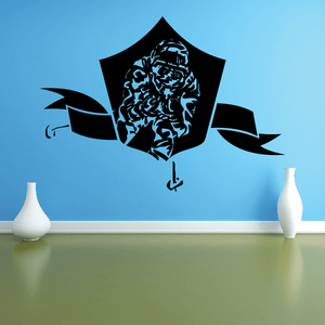 Skiing wall decal, black stylized skier silhouette with ribbon banners