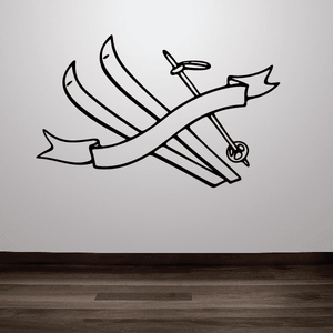 Skiing wall decal: black crossed skis with ribbon banner and boot graphic