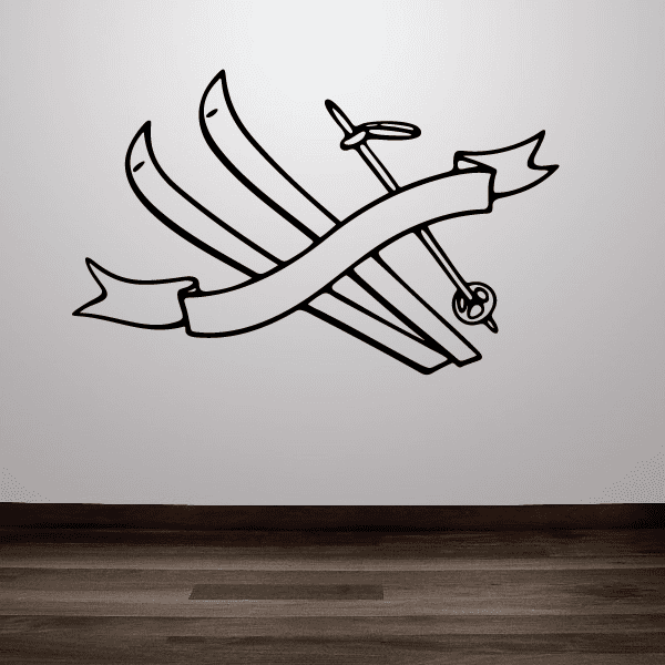 Skiing wall decal: black crossed skis with ribbon banner and boot graphic