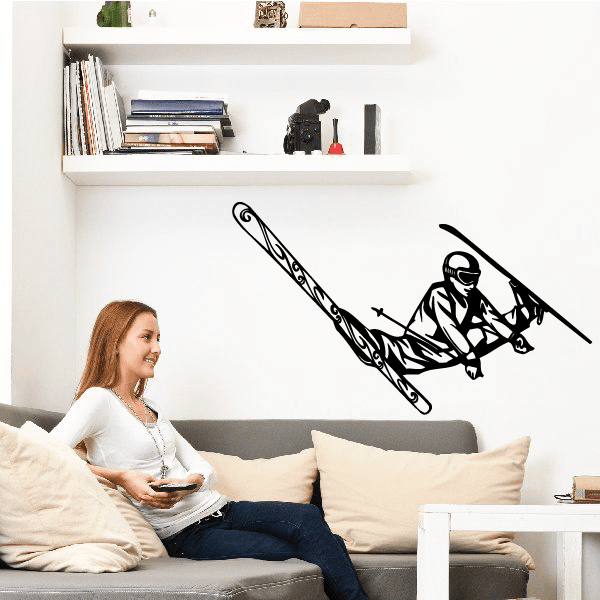 Skiing wall decal vinyl sticker with black skier on long diagonal skis