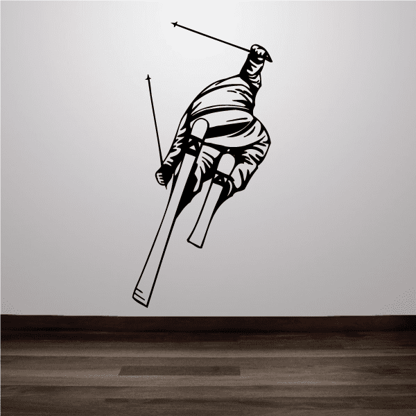 Skiing wall decal vinyl sticker of a black skier with skis and poles