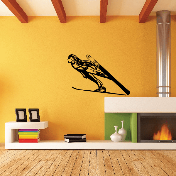 Skiing wall decal, black skier on skis silhouette