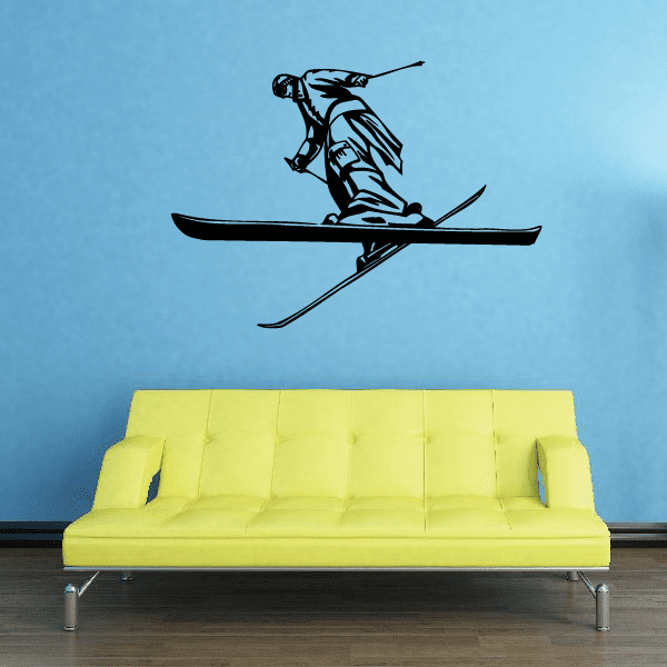 Skiing wall decal with blue skier on snowboard vinyl sticker