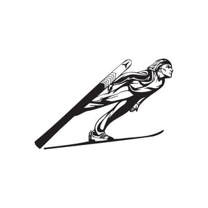 Skier wall decal, black vinyl silhouette of a skier with skis