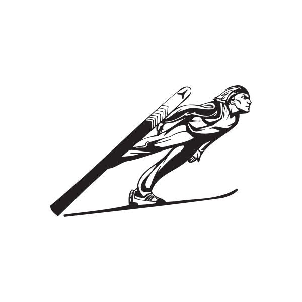 Skier wall decal, black vinyl silhouette of a skier with skis