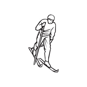 Skier vinyl wall decal, black outline figure holding ski poles