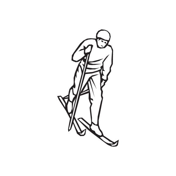 Skier vinyl wall decal, black outline figure holding ski poles