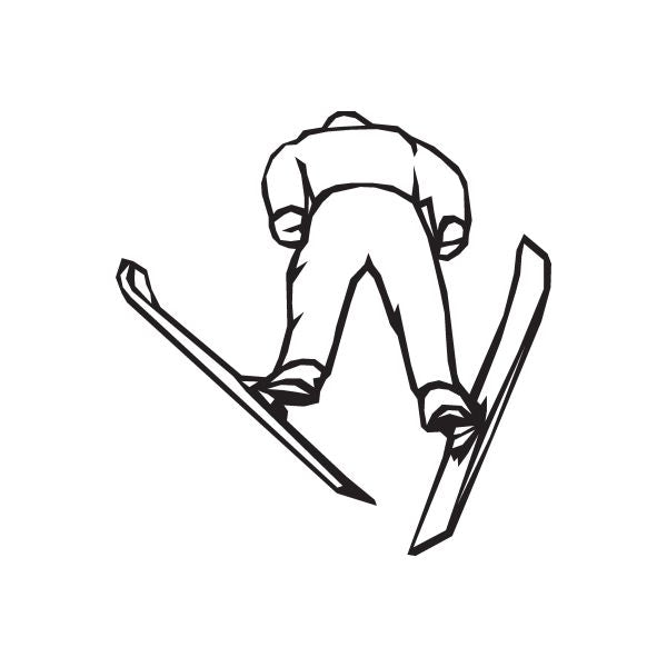 Skiing vinyl wall decal with black outline skier and crossed skis