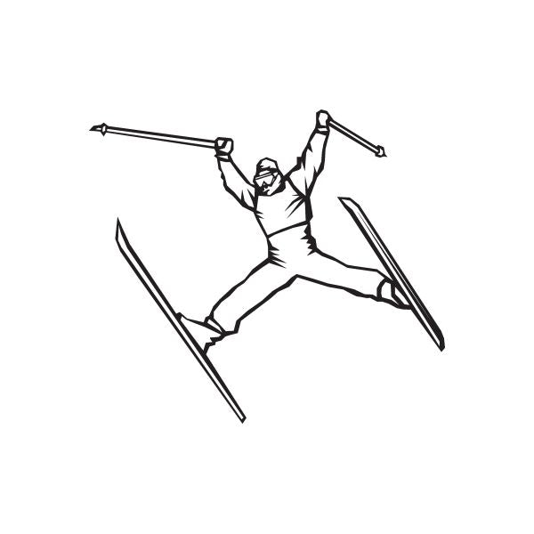 Skiing wall decal, black line-art skier holding poles