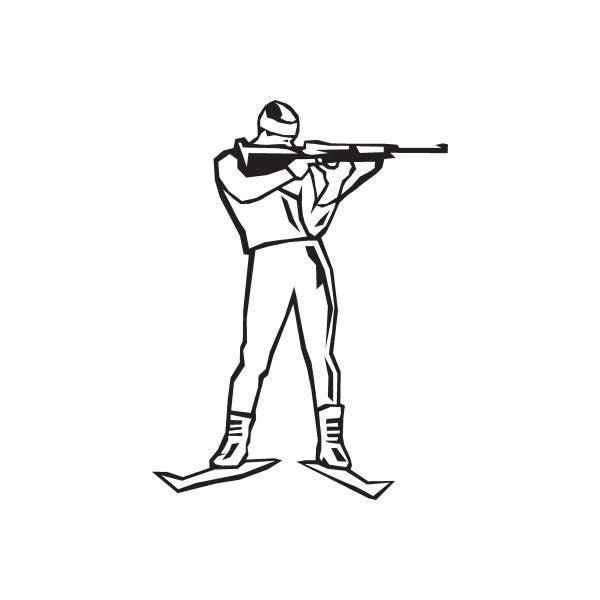 Skiing vinyl wall decal, black outline of skier holding a rifle