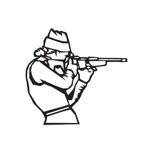 Skiing vinyl wall decal of a skier holding equipment, black outline