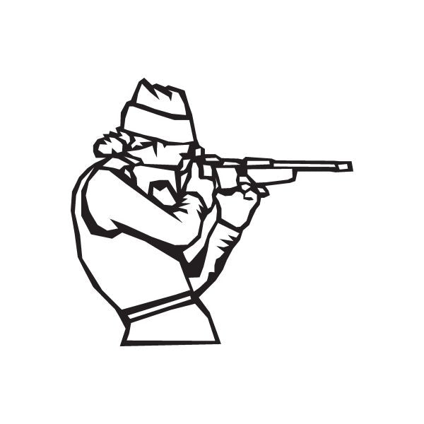 Skiing vinyl wall decal of a skier holding equipment, black outline