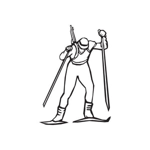 Ski wall decal of a standing skier with ski poles, black outline