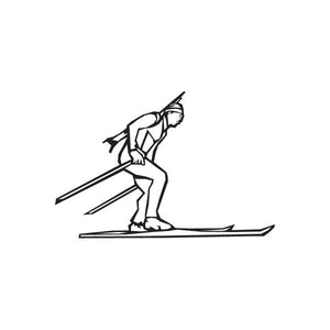 Skiing wall decal featuring a black skier silhouette with skis