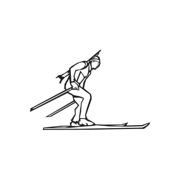 Skiing wall decal featuring a black skier silhouette with skis