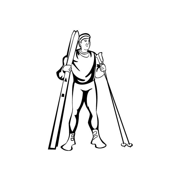 Skiing wall decal of a black-outlined skier holding skis and ski poles