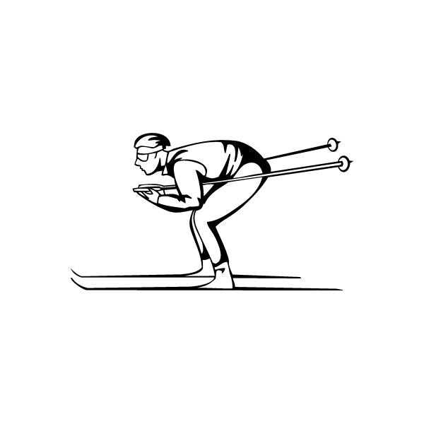 Skiing vinyl wall decal featuring a black skier silhouette with two ski poles
